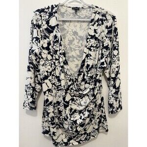TALBOTS Women Stretch Comfy Wrap Blouse 3/4Sleeve Dark Navy White Floral XL